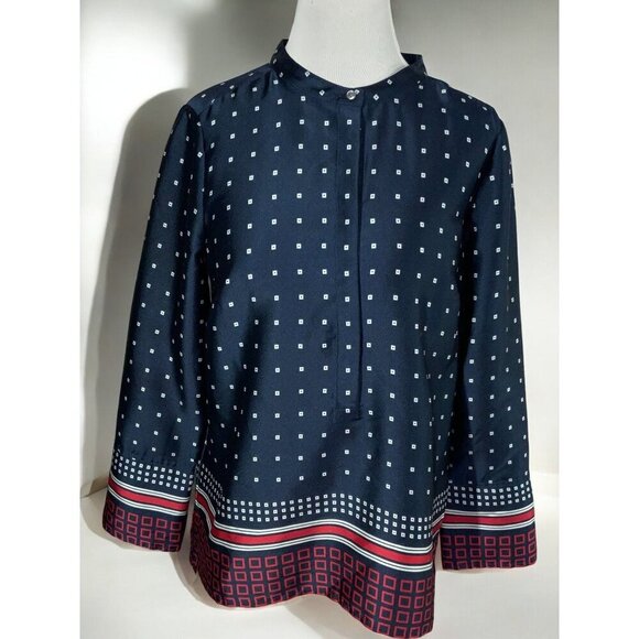 J. Crew Womens Navy Tunic Blouse Geometric Print Long Sleeves Button Front Small - Picture 7 of 7